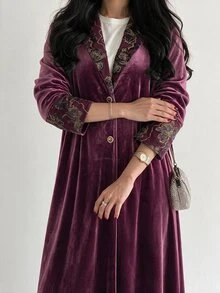 Yasveil Women's Burgundy Knit Flocked Long Sleeve Patchwork Flocked Straight Leg Elegant Commute Abaya - Burgundy - View 6