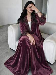 Yasveil Women's Burgundy Knit Flocked Long Sleeve Patchwork Flocked Straight Leg Elegant Commute Abaya - Burgundy - View 1