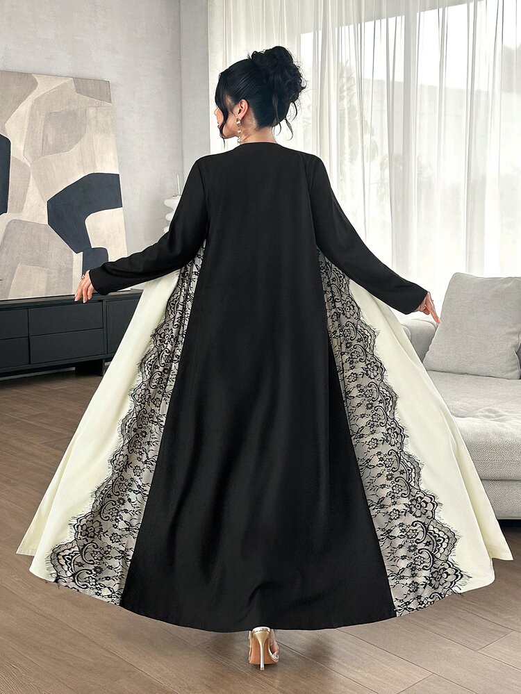 Yasmyna Apricot Black Contrast Wave Eyelash Lace Patchwork Long Cardigan Arabic Loose Sleeve Outerwear Robe Christening Guest Formal Winter Modest Elegant - Black and White - View 2