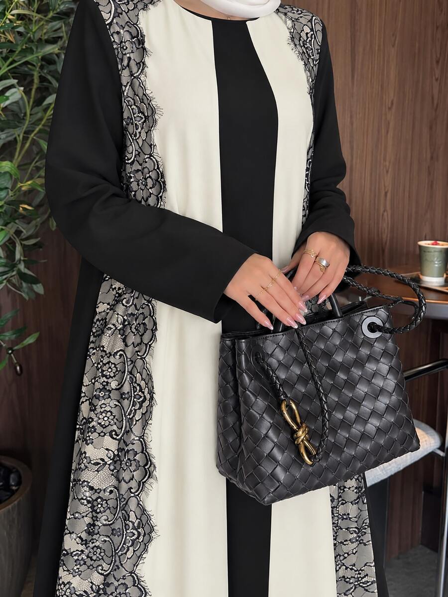 Yasmyna Apricot Black Contrast Wave Eyelash Lace Patchwork Long Cardigan Arabic Loose Sleeve Outerwear Robe Christening Guest Formal Winter Modest Elegant