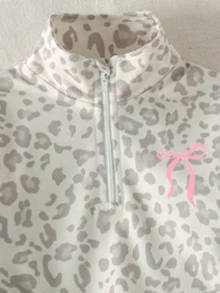SHEIN 2件組少女時尚豹紋蝴蝶結印花半拉鍊立領寬腿褲加厚抓絨運動衫套裝，適合學校、派對、日常秋季穿搭 - 灰色 - 查看 7