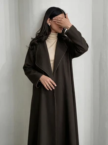Yasveil Women Dark Brown Large Lapel Contrast Stitching Wide Sleeve Loose Abaya Coat Dubai Middle East Fall Formal Kaftan Robe - Brown - View 5