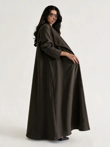 Yasveil Women Dark Brown Large Lapel Contrast Stitching Wide Sleeve Loose Abaya Coat Dubai Middle East Fall Formal Kaftan Robe - Brown - View 8
