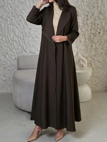 Yasveil Women Dark Brown Large Lapel Contrast Stitching Wide Sleeve Loose Abaya Coat Dubai Middle East Fall Formal Kaftan Robe - Brown - View 6