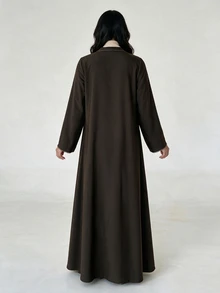 Yasveil Women Dark Brown Large Lapel Contrast Stitching Wide Sleeve Loose Abaya Coat Dubai Middle East Fall Formal Kaftan Robe - Brown - View 2