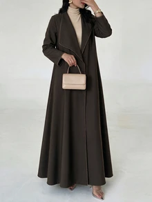 Yasveil Women Dark Brown Large Lapel Contrast Stitching Wide Sleeve Loose Abaya Coat Dubai Middle East Fall Formal Kaftan Robe - Brown - View 4