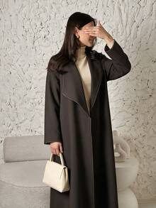 Yasveil Women Dark Brown Large Lapel Contrast Stitching Wide Sleeve Loose Abaya Coat Dubai Middle East Fall Formal Kaftan Robe - Brown - View 3