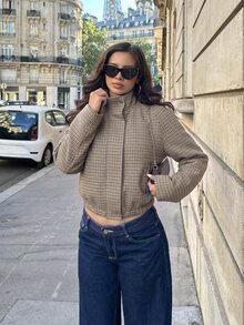 Siren Gaze Women's New Autumn/Winter Stand Collar Plaid Long Sleeve Button Decor Fashion Jacket - Brown - View 8