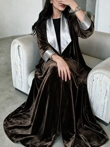 Yasveil Women Dark Brown Velvet Silver Grey Satin Lapel Cuff Wide Sleeve Open Front Abaya Coat Dubai Middle East Fall Formal Evening Kaftan Robe - Brown - View 5