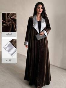 Yasveil Women Dark Brown Velvet Silver Grey Satin Lapel Cuff Wide Sleeve Open Front Abaya Coat Dubai Middle East Fall Formal Evening Kaftan Robe - Brown - View 1