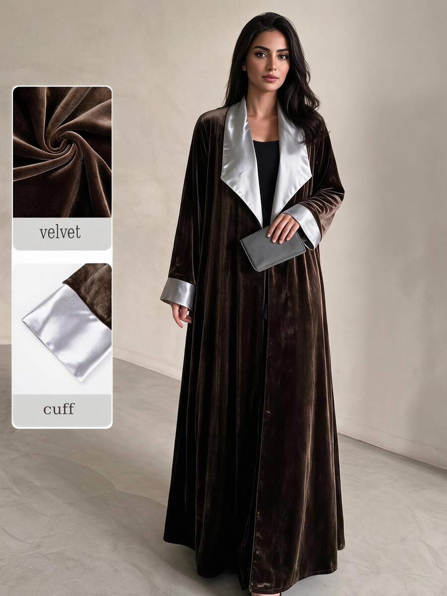 Yasveil Women Dark Brown Velvet Silver Grey Satin Lapel Cuff Wide Sleeve Open Front Abaya Coat Dubai Middle East Fall Formal Evening Kaftan Robe - Brown - View 1
