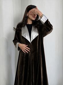 Yasveil Women Dark Brown Velvet Silver Grey Satin Lapel Cuff Wide Sleeve Open Front Abaya Coat Dubai Middle East Fall Formal Evening Kaftan Robe - Brown - View 9
