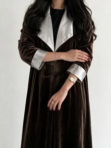 Yasveil Women Dark Brown Velvet Silver Grey Satin Lapel Cuff Wide Sleeve Open Front Abaya Coat Dubai Middle East Fall Formal Evening Kaftan Robe - Brown - View 8