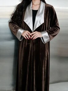 Yasveil Women Dark Brown Velvet Silver Grey Satin Lapel Cuff Wide Sleeve Open Front Abaya Coat Dubai Middle East Fall Formal Evening Kaftan Robe - Brown - View 6