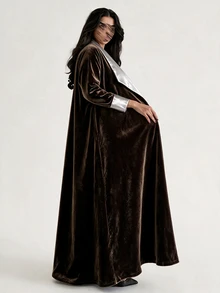 Yasveil Women Dark Brown Velvet Silver Grey Satin Lapel Cuff Wide Sleeve Open Front Abaya Coat Dubai Middle East Fall Formal Evening Kaftan Robe - Brown - View 11