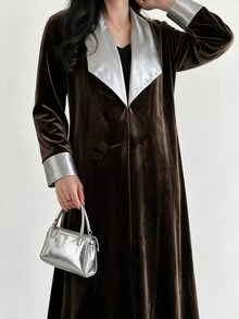 Yasveil Women Dark Brown Velvet Silver Grey Satin Lapel Cuff Wide Sleeve Open Front Abaya Coat Dubai Middle East Fall Formal Evening Kaftan Robe - Brown - View 7