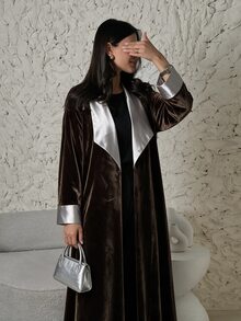Yasveil Women Dark Brown Velvet Silver Grey Satin Lapel Cuff Wide Sleeve Open Front Abaya Coat Dubai Middle East Fall Formal Evening Kaftan Robe - Brown - View 3