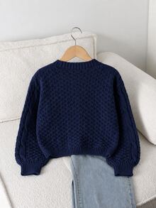 SHEIN كارديجان بنات بيج بياقة V محبوك بكابلات، كنزة صوفية ناعمة بصف واحد من الأزرار مع أكمام وحافة مضلعة، مثالية للمدرسة والارتداء اليومي والخروجات والخريف/الشتاء - أزرق بحري - مشاهدة 2