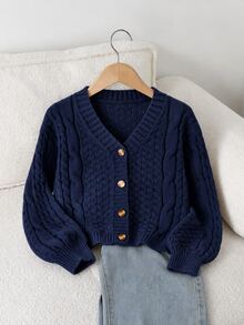 SHEIN كارديجان بنات بيج بياقة V محبوك بكابلات، كنزة صوفية ناعمة بصف واحد من الأزرار مع أكمام وحافة مضلعة، مثالية للمدرسة والارتداء اليومي والخروجات والخريف/الشتاء - أزرق بحري - مشاهدة 5