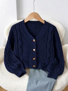 SHEIN كارديجان بنات بيج بياقة V محبوك بكابلات، كنزة صوفية ناعمة بصف واحد من الأزرار مع أكمام وحافة مضلعة، مثالية للمدرسة والارتداء اليومي والخروجات والخريف/الشتاء - أزرق بحري - مشاهدة 1