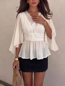 Siren Gaze New Lace Patchwork V-Neck Split Sleeve Elegant French Romantic Blouse For Women Brunch Off White - Apricot - View 9