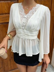 Siren Gaze New Lace Patchwork V-Neck Split Sleeve Elegant French Romantic Blouse For Women Brunch Off White - Apricot - View 5