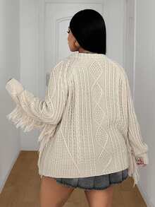 Maweii Women's Autumn/Winter Round Neck Raglan Sleeve Patchwork Tassel Geometric Textured Casual Street Design Niche Versatile 2026 Newest Khaki Plus Size Pullover Sweater - Khaki - View 3