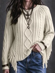 Maweii Women's Autumn/Winter Round Neck Raglan Sleeve Patchwork Tassel Geometric Textured Casual Street Design Niche Versatile 2026 Newest Khaki Plus Size Pullover Sweater - Khaki - View 9