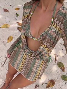 Opulessa Women's Summer Beach All-Over Print Halter Tie Sexy Fashion Bikini Two-Piece Swimsuit Set With Cover-Up Dress - Pink - View 10