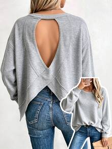 Trelyra Solid Color Hollow Back Sports Sweatshirt - Grey - View 2