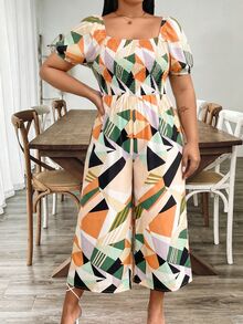 Ceyna Plus Size Women Pleated Geometric Print Casual Soft Form Boho Safari Traditional Business Jumpsuit Vacation Orange Summer Formal Gym Brunch - Multicolor - View 3