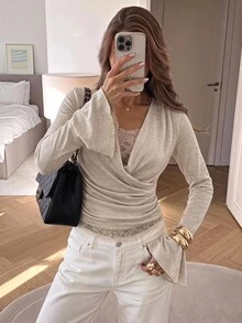 Siren Gaze Women's New Fall/ Lace Trim Patchwork T-Shirt Date Beige French Elegant - Apricot - View 10