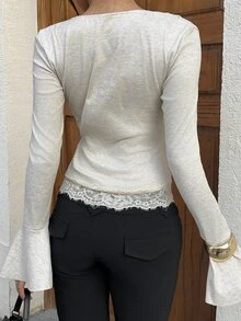 Siren Gaze Women's New Fall/ Lace Trim Patchwork T-Shirt Date Beige French Elegant - Apricot - View 2