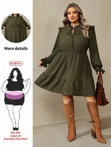 SHEIN CURVE+ Đầm công sở trang trọng size lớn, vải vân nổi xếp ly, gấu bèo nhún, tay loe, phong cách Giáng Sinh - màu xanh lá - Xem 6