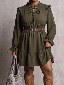 SHEIN CURVE+ Đầm công sở trang trọng size lớn, vải vân nổi xếp ly, gấu bèo nhún, tay loe, phong cách Giáng Sinh - màu xanh lá - Xem 9