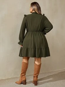 SHEIN CURVE+ Đầm công sở trang trọng size lớn, vải vân nổi xếp ly, gấu bèo nhún, tay loe, phong cách Giáng Sinh - màu xanh lá - Xem 2