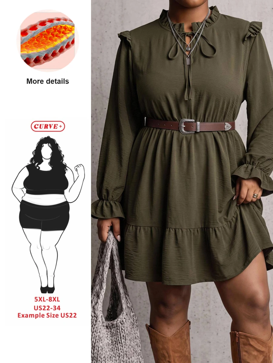 SHEIN CURVE+ Đầm công sở trang trọng size lớn, vải vân nổi xếp ly, gấu bèo nhún, tay loe, phong cách Giáng Sinh - màu xanh lá - Xem 1