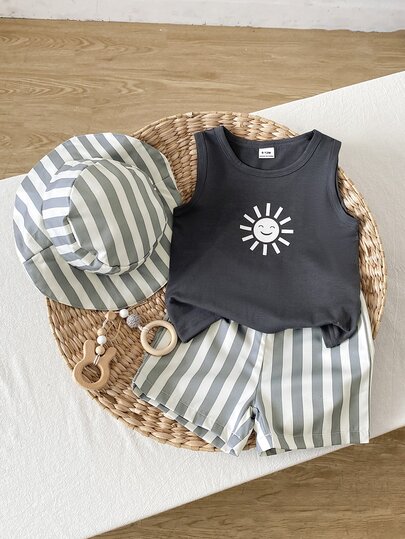 SHEIN Baby Boys Tank Top Co-Ords 3-Piece Summer Graphic Print Vest And Striped Shorts Casual Vacation Outfits
