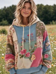 Bytebia Bytebia New Women's Vintage Cottagecore Boho Casual Loose Slimming Print Long Sleeve Hooded Sweatshirt Picnic Light Blue Floral Fall - Multicolor - View 1