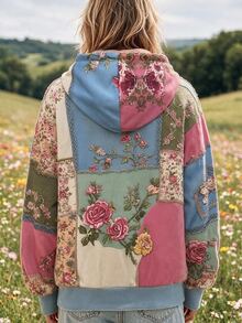 Bytebia Bytebia New Women's Vintage Cottagecore Boho Casual Loose Slimming Print Long Sleeve Hooded Sweatshirt Picnic Light Blue Floral Fall - Multicolor - View 2