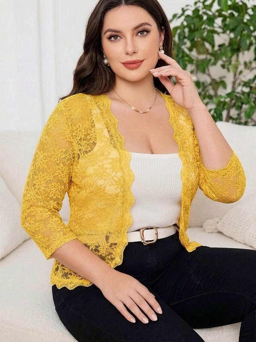 Reflora Plus Size Solid Color Embroidered Sheer Elegant Casual Gothic Lightweight Jacket, Fall High Tea Formal Black Cocktail - Yellow - View 1