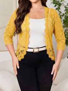 Reflora Plus Size Solid Color Embroidered Sheer Elegant Casual Gothic Lightweight Jacket, Fall High Tea Formal Black Cocktail - Yellow - View 2