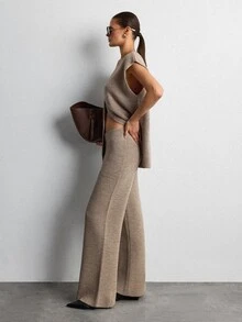 Lumivelle Taupe Knit Co-Ord Set V-Neck Button Front Vest Wide Leg Pants Minimalist Basic Lounge Outfit Casual Autumn Winter Relaxed Everyday - Mocha Brown - View 4