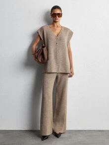 Lumivelle Taupe Knit Co-Ord Set V-Neck Button Front Vest Wide Leg Pants Minimalist Basic Lounge Outfit Casual Autumn Winter Relaxed Everyday - Mocha Brown - View 3