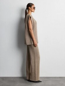 Lumivelle Taupe Knit Co-Ord Set V-Neck Button Front Vest Wide Leg Pants Minimalist Basic Lounge Outfit Casual Autumn Winter Relaxed Everyday - Mocha Brown - View 6