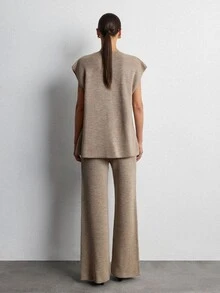 Lumivelle Taupe Knit Co-Ord Set V-Neck Button Front Vest Wide Leg Pants Minimalist Basic Lounge Outfit Casual Autumn Winter Relaxed Everyday - Mocha Brown - View 5