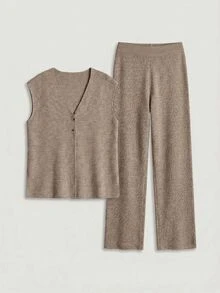 Lumivelle Taupe Knit Co-Ord Set V-Neck Button Front Vest Wide Leg Pants Minimalist Basic Lounge Outfit Casual Autumn Winter Relaxed Everyday - Mocha Brown - View 9