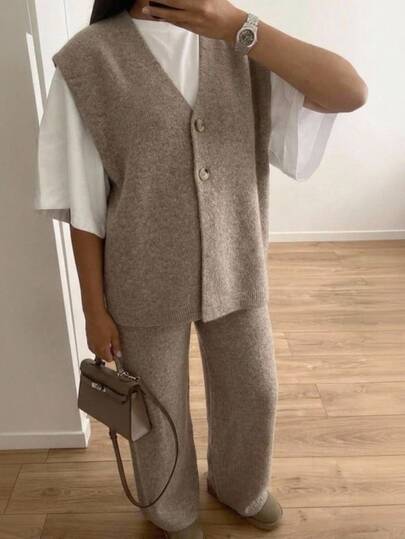 Lumivelle Taupe Knit Co-Ord Set V-Neck Button Front Vest Wide Leg Pants Minimalist Basic Lounge Outfit Casual Autumn Winter Relaxed Everyday