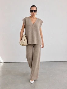 Lumivelle Taupe Knit Co-Ord Set V-Neck Button Front Vest Wide Leg Pants Minimalist Basic Lounge Outfit Casual Autumn Winter Relaxed Everyday - Mocha Brown - View 11