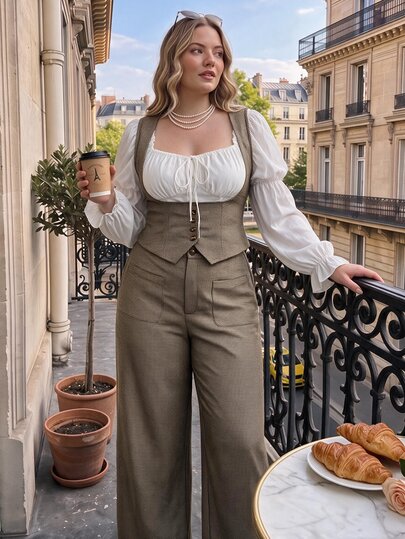 SHEIN MOD Conjunto de chaleco y pantalones holgados de mujer talla grande con estampado de pata de gallo, color caqui, estilo universitario, vintage, conjunto de traje social para mujer, marrón